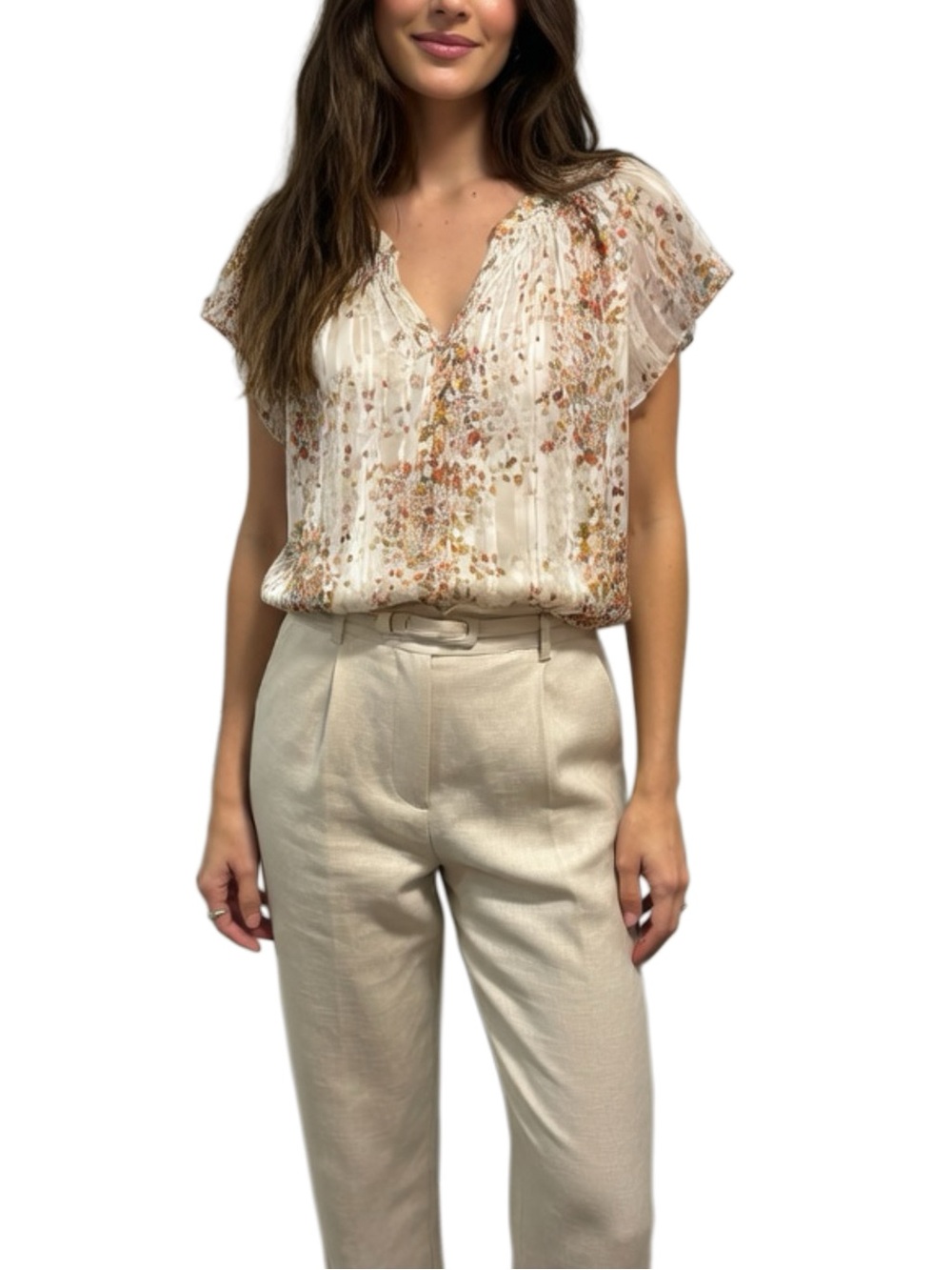 Joie Silken Cream & Floral Pleated Top